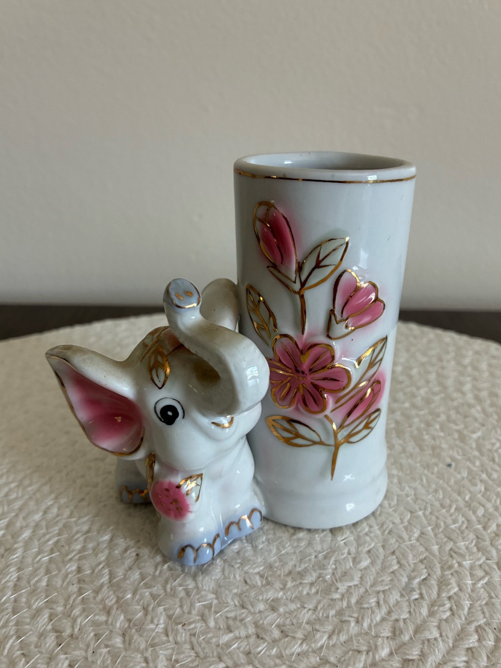 Japanese Vintage Porcelain Pink & Gold Elephant Bud Vase